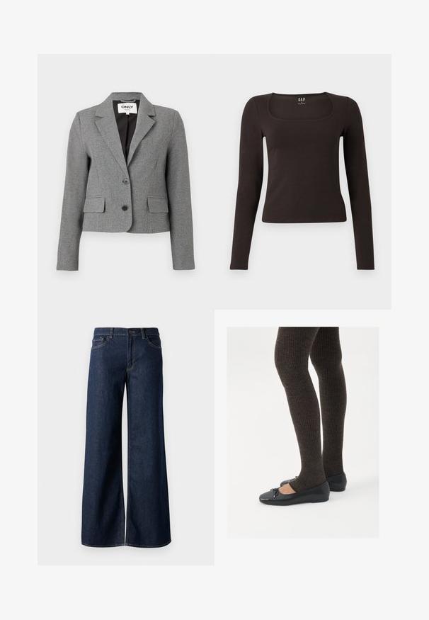 Szürke, testes blézer, kockás mintával, egysoros kialakítással, két elülső zsebbel és kivágott gallérral. Két fekete gombot tartalmaz.; Fekete, hosszú ujjú, elasztikus felső négyzet alakú dekoltázzsal, GAP felirattal, fehér háttér előtt bemutatva.; Sötét kék farmer széles lábú nadrág. Kontrasztos varrással, öt zsebhálóval és gombos derékzárással rendelkezik. Simás textúra.; Fekete lapos cipők kis masni díszítéssel az orrán, sötétbarna bordázott harisnyával párosítva. A cipők sima textúrával és alacsony profilúak.