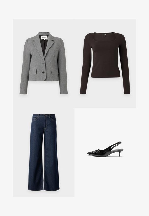 Gray fitted blazer with a checkered pattern, single-breasted design, two front pockets, and a notched collar. Includes two black buttons.; Black long-sleeve, fitted top with a square neckline, labeled GAP, displayed on a white background.; Wide-leg jeans in dark blue denim. Features contrast stitching, five pockets, and a button closure at the waist. Smooth texture.; Black leather slingback heels with a pointed toe, small kitten heel, and a decorative knot detail on the front. Smooth texture throughout.