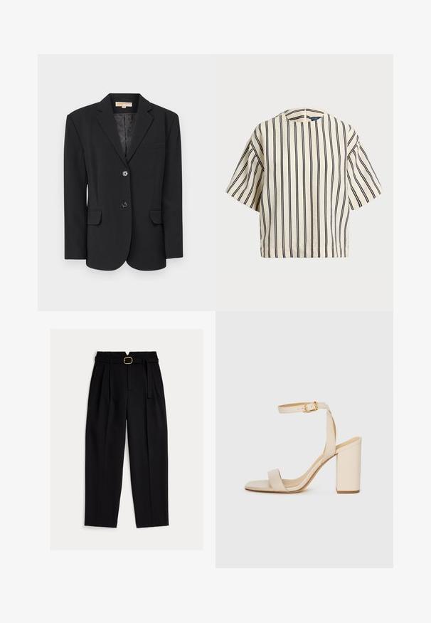 MICHAEL Michael Kors OVERSIZED - Bleizeris - black; Kreminės ir tamsiai mėlynos juostelės trumpų rankovių marškinėliai, turi apvalų iškirpimą ir dėžutės tipo dizainą, pagaminti iš tekstūruotos medžiagos.; Juodos aukštos juosmens kelnės su diržu juosmens srityje, priekiu su klostėmis ir plačiomis kojų apačiomis. Pagamintos iš lygaus audinio su klasikiniu kirpimu.; Bežinės aukštakulnės šlepetės su kvadratiniu носu, plona kulkšnies juosta ir blokiniu kulnu. Lygus odos tekstūra su aukso sagte.