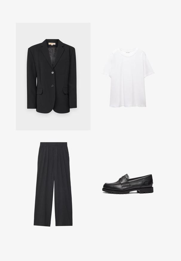 MICHAEL Michael Kors OVERSIZED - Blazer - black; En enkel vit t-shirt i bomull med rund halsringning, korta ärmar och en avslappnad passform. Slät textur utan mönster eller detaljer.; Vidbyxorna är tillverkade av mörkgrått tyg. De har veck i midjan, en skräddarsydd design och en rak silhuett.; Timberland Slip-ins - black
