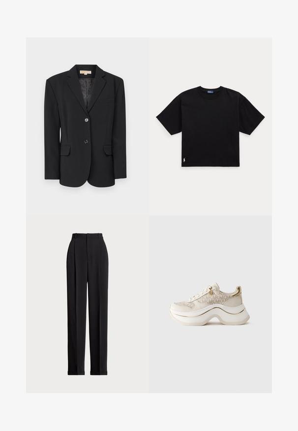 MICHAEL Michael Kors OVERSIZED - Blazer - black; Black cotton t-shirt with short sleeves, round neck, and a small white logo on the bottom left. Classic, boxy fit with minimal detailing.; Black tailored trousers with a high waist, featuring pleats at the front, a straight leg design, and a cuffed hem. Made from smooth fabric.; Beige and gold platform sneaker with "MK" pattern, lace-up front, gold charm, and thick wavy sole against plain background.