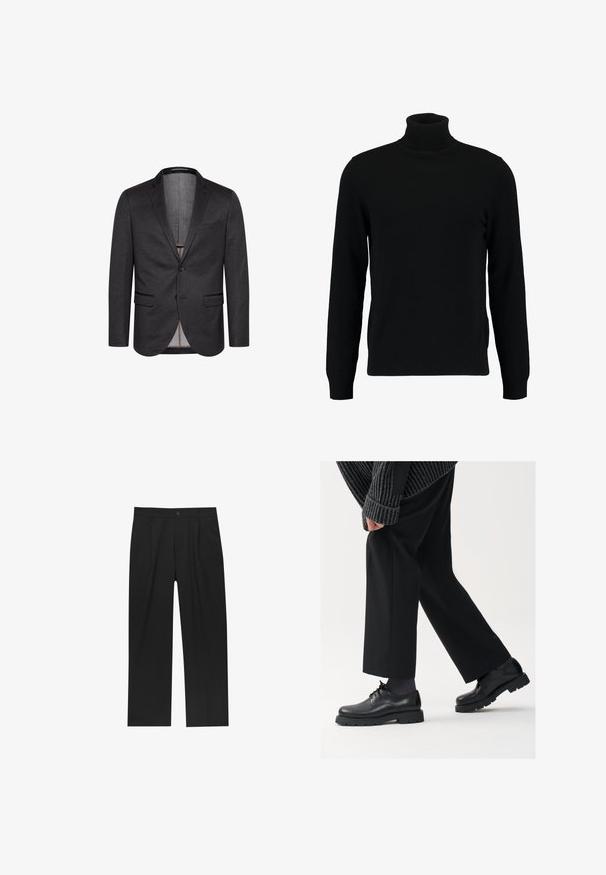 Temno siva jakna z dvema gumboma, izdelana iz teksturirane tkanine, z izrezanimi klapnicami in dvema sprednjima žepoma. Vključena je zadaj odprtina.; Črn pulover s turtleneck ovratnikom, izdelan iz mehkega pletenega materiala. Ima dolge rokave, rebrast ovratnik in rob. Preprost, eleganten dizajn brez vzorcev.; Črne hlače z ravnim krojem, narejene iz gladkega materiala. Imajo sprednje gube in enojno zaponko na pasu.; Črne usnjene čEvlje s zaobljenim nosom, zavezovanjem in debelim, teksturiranim podplatom. Obute z urejenimi črnimi hlačami in rebrastim puloverjem.