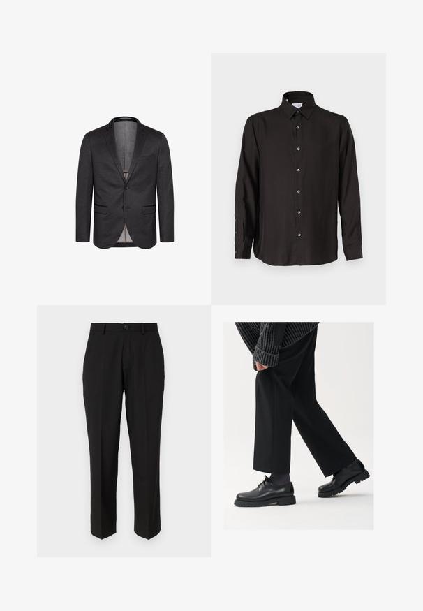 Temno siva jakna z dvema gumboma, izdelana iz teksturirane tkanine, z izrezanimi klapnicami in dvema sprednjima žepoma. Vključena je zadaj odprtina.; Črna dolga majica z dolgimi rokavi, izdelana iz gladkega materiala, z zapenjanjem na gumb, koničastim ovratnikom in zaobljenim robom z kontrastnimi gumbi.; Črne hlače iz gladkega blaga, s straight leg krojem, sprednjimi žepi, enojnim gumbom za zapiranje in brez vidnih vzorcev.; Črne usnjene čEvlje s zaobljenim nosom, zavezovanjem in debelim, teksturiranim podplatom. Obute z urejenimi črnimi hlačami in rebrastim puloverjem.