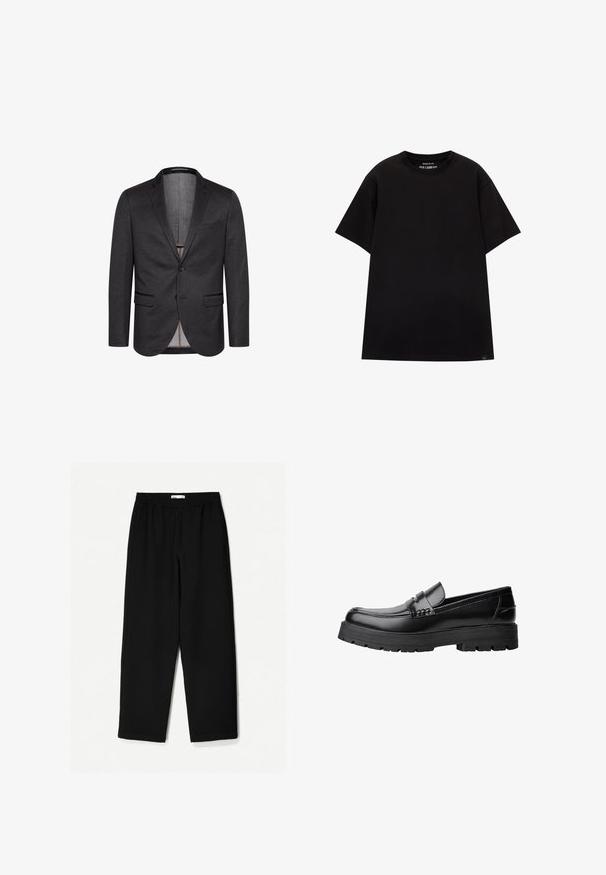 Tamno sivi sako od teksturiranog materijala, s dvostrukim kopčanjem, reverima u obliku slova notch i dva prednja džepa. Uključena stražnja vent. ; PULL&BEAR JOIN LIFE - Osnovna majica kratkih rukava - black; Crne hlače širokih nogavica izrađene od laganog materijala. Imaju elastičnu traku u struku i glatku teksturu. Nema vidljivih uzoraka niti hardvera.; Crna kožna mokasina s debelim potplatima i dekorativnom trakom preko gornjeg dijela, prikazana u lijevom bočnom profilu na bijeloj pozadini.