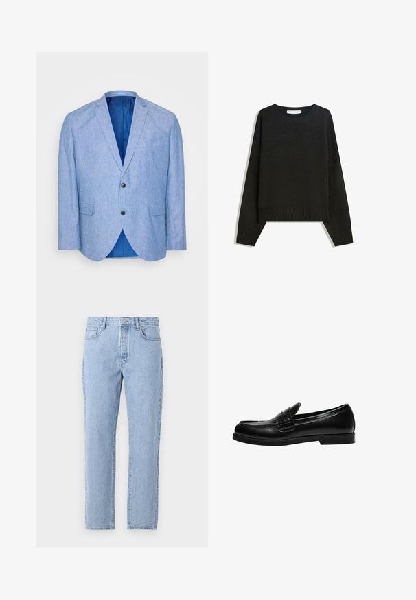 Lys blå blazer lavet af tekstureret stof. Har en spids revers, to sorte knapper og blåt foer indeni. Enkel brystlomme.; Sort striktrøje med rund halsudskæring, ribbede manchetter og nederste kant. Designet er rummeligt med dropped shoulders for en afslappet pasform.; Lysblå denim jeans med lige ben-design, fem lommer og knaplukning. Blød tekstur med en klassisk falmet finish.; Sorte læder loafers med en glat overflade, der har en syning detalje på vampen og en lav, solid sort gummisål.