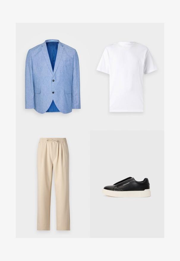 Ljusblå blazer i texturerad fabric. Har en notched lapel, två svarta knappar och blå foder invändigt. En enda bröstficka.; Vit kortärmad t-shirt i bomull med rund halsringning, som har en slät textur och en enkel design utan mönster eller accenter.; Beiga byxor med elastisk midjeband och snörning, rak bendesign och mjuk, slät tygkvalitet.; Svart slip-on sneakers med texturerat läderöverkänsliga, vit gummisula och utan synliga snören. Har varumärkeslogotyp på sidan.