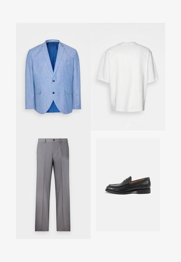 Jasnoniebieska marynarka wykonana z teksturowanej tkaniny. Posiada wyłogi, dwa czarne guziki oraz niebieską podszewkę wewnątrz. Pojedyncza kieszeń na piersi.; Biała, krótkiego rękawa koszulka, luźny krój, okrągły dekolt, gładki bawełniany materiał, nieozdobione plecy, prosta linia dołu, bez wzorów ani akcentów.; Szare dopasowane spodnie z płaskim przodem, dwoma bocznymi kieszeniami i pojedynczym zapięciem na guzik. Gładka faktura z delikatnym wzorem w prążek.; Czarne skórzane mokasyny o gładkim wykończeniu, zaokrąglonym nosku i dekoracyjnym przeszyciu na cholewce. Niski, warstwowy obcas i delikatny połysk.
