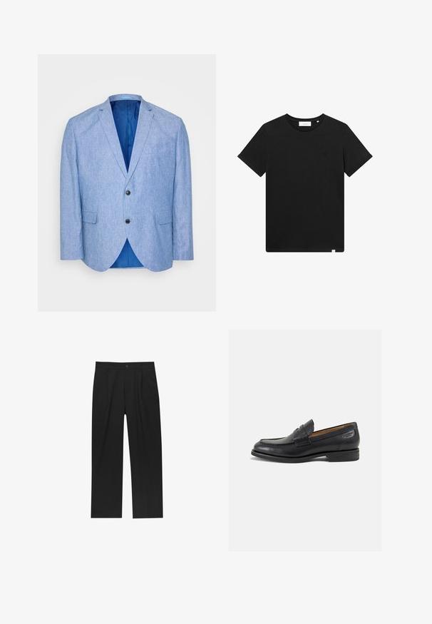 Lichtblauwe blazer van textuurstof. Bevat een notch-lapel, twee zwarte knopen en een blauwe voering aan de binnenkant. Enkele borstzak.; Zwarte T-shirt met korte mouwen van katoen, met een ronde hals en een klein logo geborduurd op de borst. Soepele textuur, normale pasvorm.; Zwarte broeken met een recht model, gemaakt van een gladde stof. Voorzien van een voorplooien en een enkele knoopsluiting bij de taille.; Zwarte leren loafers met een gladde afwerking, ronde neus en decoratieve stiksels op de wreef. Lage gestapelde hak en een lichte glans.