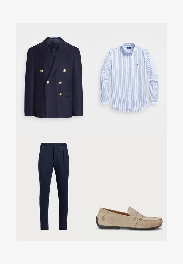 Námorně modrý dvouřadý blazer se zlatými knoflíky a klopami, s dvěma předními kapsami s klopou a jednou náprsní kapsou.; Světle modrá a bílá pruhovaná košile na knoflíky s klasickým límečkem, dlouhými rukávy a malým vyšitým logem na hrudi.; Námořnické modré kalhoty s přizpůsobeným střihem, plochým předním dílem, dvěma předními sklady a jedním knoflíkem na zapínání, vyrobené z hladké, texturované látky.; Béžové semišové mokasíny se šitým detailem, plochou gumovou podrážkou a malým logem na boku. Klasický design na klín, měkká textura.