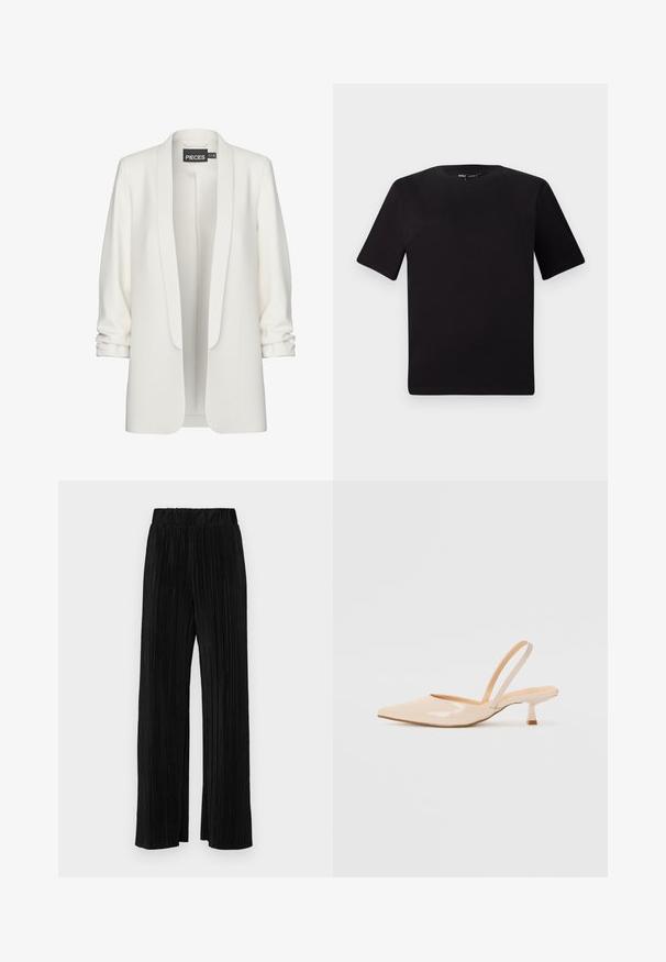 Bela blazer iz gladkega blaga, odprtih spredaj in z zavihanimi rokavi. Ima minimalističen dizajn, brez vidnih zapiranj ali vzorcev.; Črna majica s kratkimi rokavi in okroglim izrezom, izdelana iz mehkega bombažnega materiala. Preprost dizajn, brez vidnih logotipov ali vzorcev.; Črne plisirane hlače z elastičnim pasom. Imajo široke noge in gladko, teksturirano tkanino z navpičnimi črtami.; Bež čevlji na peto iz patentiranega usnja, s koničastim nosom in ozko kvadratno peto. Gladka tekstura in minimalističen dizajn brez okrasja.