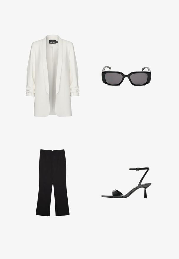 Hvid blazer med en glat stof, åben front og opsmøgede ærmer. Har et minimalistisk design uden synlige lukninger eller mønstre.; Sort ærmeløs crop top lavet af glat stof, med rund hals og et rent, enkelt design uden mønstre eller hardware.; Sorte bukser med lige pasform, der har frontlommer og slidser i kanten. Lavet af blødt, glat stof. Velegnet til forskellige anledninger.; Bershka Højhælede sandaletter / Højhælede sandaler - black; Sorte rektangulære solbriller med mørke linser, glat plastikramme og buede stænger. Designet er klodset med en minimalistisk æstetik.