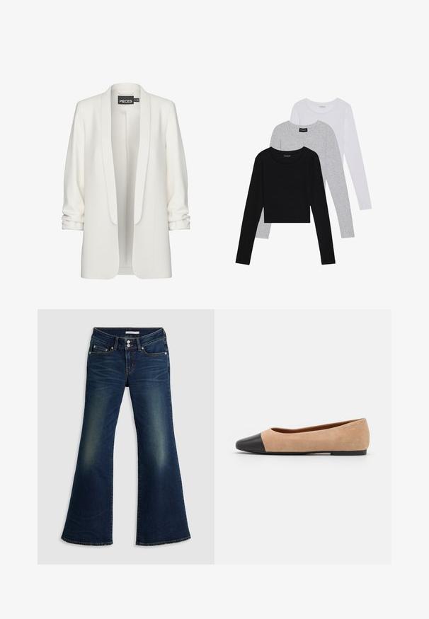 Blazer branco com um tecido liso, frente aberta e mangas enroladas. Apresenta um design minimalista, sem fechos ou padrões visíveis.; Três camisetas de manga longa empilhadas: preta, cinza e branca. Cada uma tem um decote redondo e um design cropped, feitas de um tecido leve e suave.; Jeans de flare super baixos em denim azul escuro, com bolsos frontais e traseiros, fecho de botão duplo e detalhes desgastados nas coxas e joelhos.; Bailarina em suede bege com biqueira arredondada em couro preto, salto baixo e textura suave, apresentando costura mínima e um design clean.