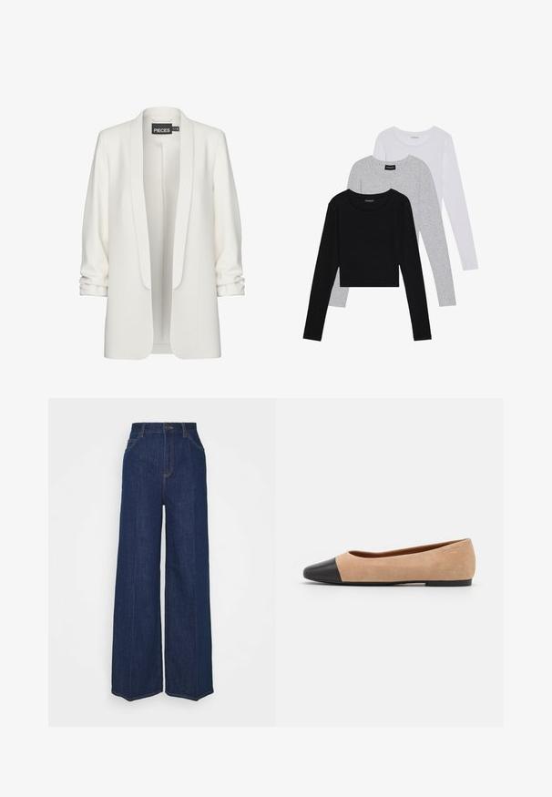 Blazer branco com um tecido liso, frente aberta e mangas enroladas. Apresenta um design minimalista, sem fechos ou padrões visíveis.; Três camisetas de manga longa empilhadas: preta, cinza e branca. Cada uma tem um decote redondo e um design cropped, feitas de um tecido leve e suave.; Jeans de denim escuros de cintura alta e perna larga, com bolsos frontais e traseiros, fecho com botão e detalhes de costura visíveis.; Bailarina em suede bege com biqueira arredondada em couro preto, salto baixo e textura suave, apresentando costura mínima e um design clean.