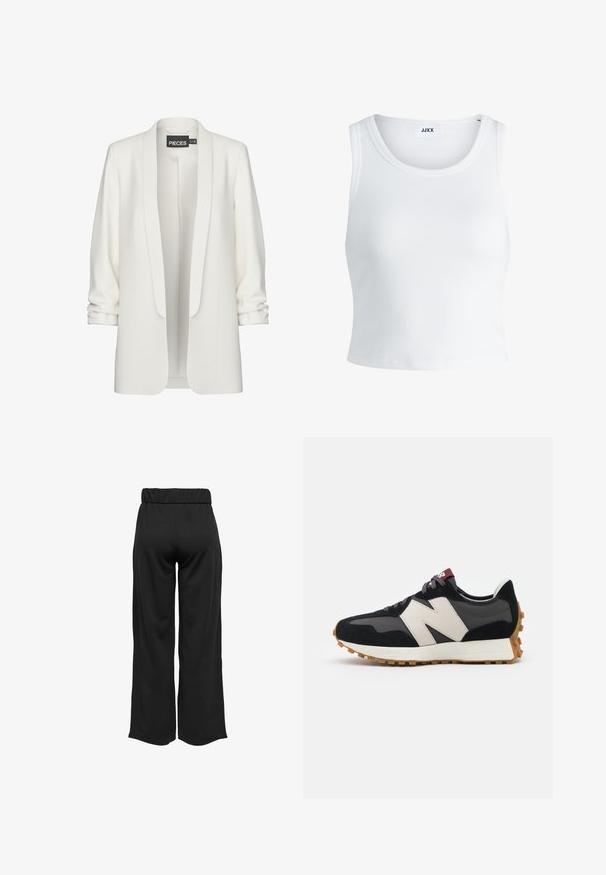 Balta žakete ar gludu audumu, atvērta priekšpuse un sarullētām piedurknēm. Iezīmē minimalistisku dizainu, bez redzamām aizdaru vai rakstiem.; Balts ribots topiņš ar apaļu kakla izgriezumu, bez piedurknēm un īsā garumā. Uz birkas ir rakstīts "JJXX." Gluda auduma tekstūra.; Melnas, platas bikses ar elastīgu jostu, izgatavotas no gludas auduma. Iespējamā tīra dizaina ar bez kabatām un redzamām šuvēm.; Melnas un pelēkas zamšādas sporta kurpes ar lielu krēmkrāsas "N" logotipu, purpura šņorēm un strukturētu gumijas zoli.