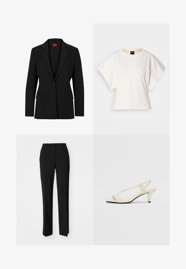 Black blazer with a notched lapel and single button closure. Features two front pockets and a smooth lining with a subtle pattern.; White cropped T-shirt, short wide sleeves, soft cotton material, round neckline with subtle orange trim, minimal design, no patterns or graphics.; Black tailored trousers with a straight-leg design, featuring a smooth texture and crisp creases along the front. No visible hardware.; Beige block-heeled sandals with thin straps and a square toe. Smooth material with minimal detailing, designed for easy wear.