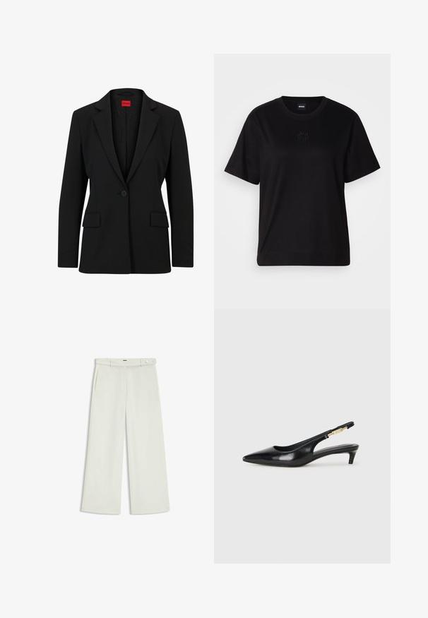 Svart kavaj med en urklippt slag och en enkel knappstängning. Har två framfickor och ett mjukt foder med ett subtilt mönster.; Svart bomullströja med rund halsringning, korta ärmar och en broderad logotyp på bröstet. Enkel, avslappnad passform utan mönster.; Vita byxor i ljus krämig tyg, med sidofickor, platt fram och en enda knappstängning vid midjan. Slät struktur.; Svart läder slingback-hälar med spetsig tå, med en smal klack och en guldtonad detalj på den justerbara remmen. Slät textur.