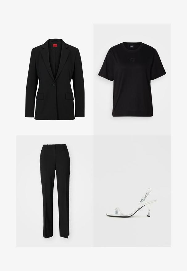 Blazer preto com lapela picada e fecho de um único botão. Apresenta dois bolsos frontais e um forro suave com um padrão subtil.; T-shirt de algodão preto com decote redondo, mangas curtas e um logótipo bordado no peito. Corte simples e descontraído, sem padrões.; Calças pretas de corte ajustado com um design de perna reta, apresentando uma textura lisa e pregas bem definidas na frente. Sem hardware visível.; Sandal de salto alto em verniz prata, com tira estreita na ponta do pé, fivela ajustável e um salto delgado.