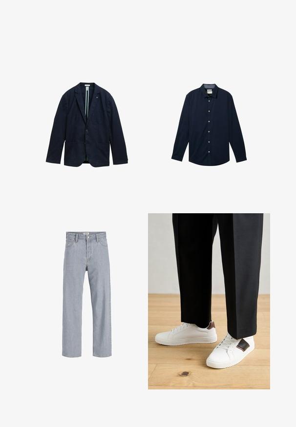 Navyblauer Blazer aus strukturiertem Stoff, mit einer Zwei-Knopf-Front, zwei vorderen Taschen und einem gestreiften Innenfutter.; Navyblaues Langarmshirt aus glattem Stoff, mit einer durchgehenden Knopfleiste, einem klassischen Kragen und weißen Knöpfen.; Helle blaue Jeans aus Denim mit lockerer Passform, geradem Bein, sichtbaren Nähten, zwei vorderen Taschen und einem Knopfverschluss.; Weiße Sneakers mit glatter Textur, versehen mit braunen Lederakzenten und schwarzen Details, kombiniert mit schwarzen maßgeschneiderten Hosen. Hintergrund aus Holzboden.