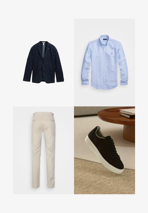 Tamno plavi blejzer od teksturiranog materijala, koji ima prednji dio s dva dugmeta, dva prednja džepa i prugastu unutarnju podlogu.; Plava i bijela prugasta košulja dugih rukava od pamuka, s ovratnikom na dugmad, prednjim dugmadi i malim izvezenim logom na prsima.; Bež hlače s glatkom teksturom, ravnog kroja, dva stražnja džepa s gumbima i standardnim pojasom.; Crna tenisica s bijelim potplatom koja lebdi iznad bež teksturiranog tepiha pored okruglog drvenog stola sa složenim knjigama.