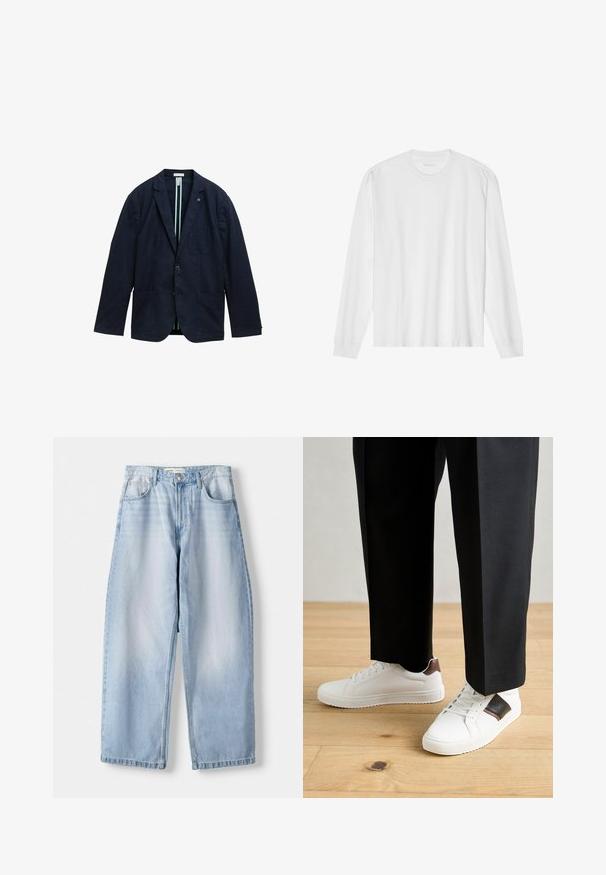 Sötétkék blézer, texturált anyagból, kétgombos elülső részel, két elülső zsebbel és csíkos béléssel.; Hosszú ujjú fehér pamut póló, kerek nyakkivágással és bordázott mandzsettákkal. Egyszerű, díszítés nélküli dizájn, sima tapintással és normál fazonnal.; Világoskék farmer széles szárú nadrág, közepes derékkal, öt zsebes kialakítással és finom kopással; egyenes szegéllyel és övrögzítőkkel zárva.; Fehér sneaker, sima textúrával, barna bőr díszítéssel és fekete részletekkel, fekete szabott nadrággal párosítva. Fából készült padló háttér.