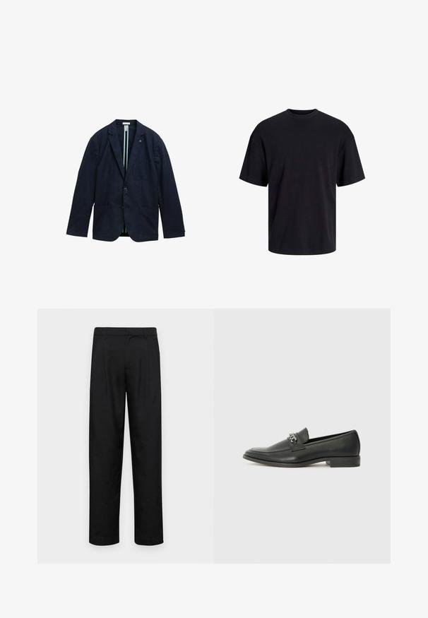 Tamsiai mėlynas švarkas, pagamintas iš tekstūruotos medžiagos, su dviem mygtukais priekyje, dviem priekinėmis kišenėmis ir dryžuota pamušalu.; Juodas medvilninis marškinėlis su apvaliu iškirpimu, trumpomis rankovėmis ir laisvu siluetu. Glotni tekstūra, be matomų raštų ar akcentų.; Juodi kelnių modeliai, pagaminti iš lygios medžiagos, turi tiesią kojas, du priekiniai klostės ir standartinę juosmenį su diržo kilpomis.; Juodos odinės loafer tipo bateliai su lygiu paviršiumi, turintys siuvinėtą dizainą ir dekoratyvų metalo grandinėlės akcentą ant batų viršaus. Plokščias kulnas.