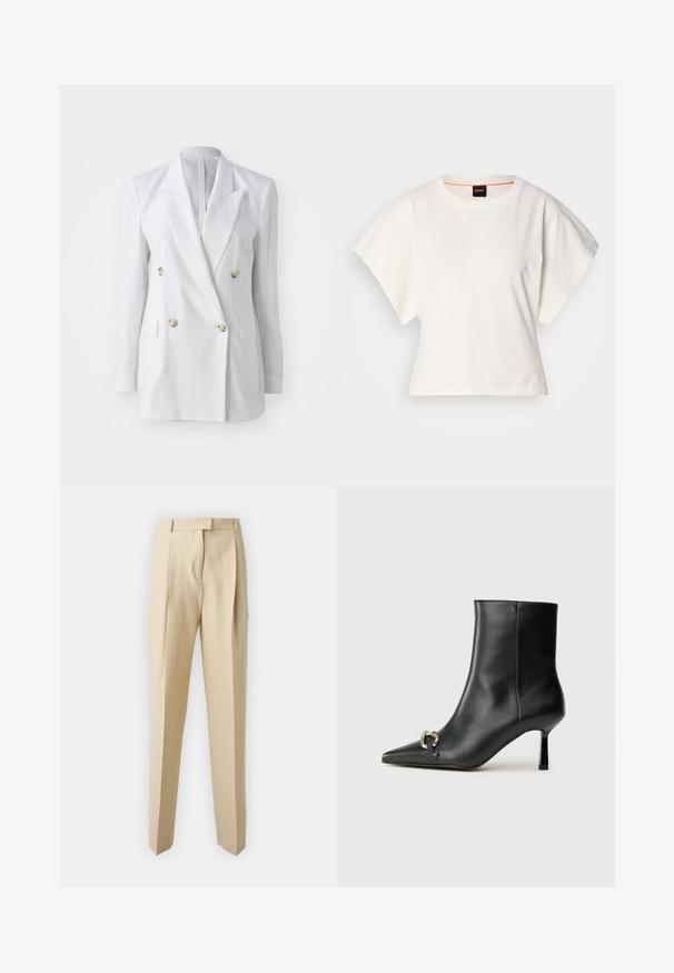 Bijela lanena dvoredna jakna s zlatnim gumbima, dva prednja džepa i dizajnom s oštrim reverima. Glatka tekstura s oblikovanim krojem.; Bijeli skraćeni T-shirt, široke kratke rukave, mekani pamučni materijal, okrugli izrez s suptilnim narančastim detaljem, minimalistički dizajn, bez uzoraka ili grafika.; Bež hlače prilagođenog kroja s ravnim rezom, s nabranim detaljima, pojasom i glatkom teksturom. Nema vidljivih džepova ili ukrasnih elemenata.; Crne kožne gležnjače s nazupčanim prstom, uskim srednje visokim potpeticama i detaljem srebrne kopče sa strane na jedinstvenoj pozadini.