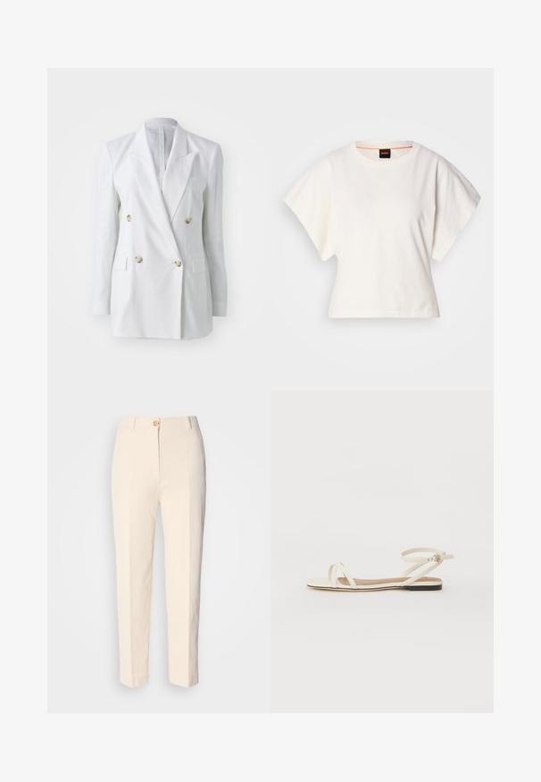 Λευκό λινό σακάκι με διπλό κούμπωμα, διακοσμημένο με χρυσές κουμπότρυπες, δύο μπροστινές τσέπες και σχέδιο με ραμμένη κορώνα. Λείος υφασμάτινος καμβάς με δομητή εφαρμογή.; Λευκό κοντομάνικο μπλουζάκι, φαρδιές κοντές μανίκες, μαλακό βαμβακερό υλικό, στρογγυλή λαιμόκοψη με διακριτική πορτοκαλί λεπτομέρεια, μινιμαλιστικός σχεδιασμός, χωρίς σχέδια ή γραφικά.; Κρεμ χρώματος παντελόνι με ψηλή μέση, φτιαγμένο από υφασμάτινο υλικό με υφή. Διαθέτει κλείσιμο με κουμπί μπροστά και φαρδιά πόδια.; Πλατινές σάνταλες από κρέμα δέρματος με λεπτές σταυρωτές λουρίδες, λουράκι στον αστράγαλο με άγκιστρο, μινιμαλιστικός σχεδιασμός και αντίθετη μαύρη σόλα.