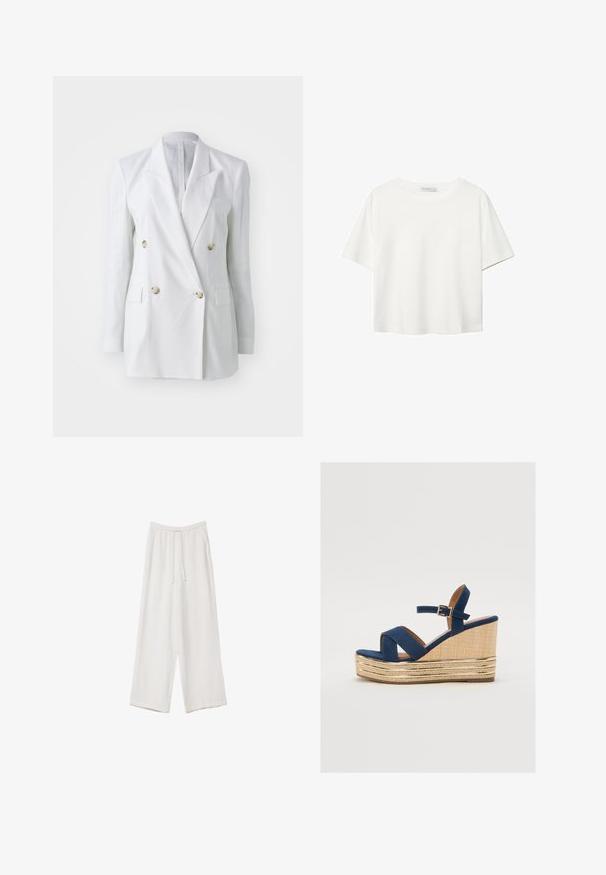 Valkoinen pellavainen kaksirivinen bleiseri, jossa on kultaklikkein napit, kaksi etutaskua ja viiltokaulus. Sujuva rakenne ja jämäkkä istuvuus.; Valkoinen lyhythihainen T-paita, joka on tehty puuvillasta. Siinä on pyöreä kaula-aukko ja rento malli. Silkkinen pinta ilman näkyviä kuvioita tai koristeita.; Valkoiset leveälahkeiset housut kevyestä kankaasta. Ominaisuuksiin kuuluu elastinen vyötärö, jossa on nauhakuuluma ja sivutaskut. Sileä rakenne.; Tummansininen wedgesandaali, jossa on ristikkäiset hihnat, teksturoitu luonnonkuitupohja ja kultainen metallinen koriste pohjassa.