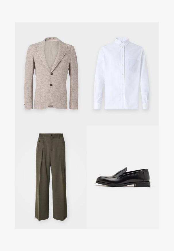 Šviesiai rudos spalvos pritaikytas švarkas su tekstūruota, audinio išvaizda. Du mygtukai, įpjovos apykaklės ir šoninės kišenės. Minimalistinis dizainas.; Balta ilga rankovė mygtukų marškiniai, pagaminti iš medvilnės, su krūtine kišene ir toniniu siuvinėjimu, apykakle ir mygtukų apvadu.; Filippa K WIDE TROUSERS - Kelnės - driftwood; Juodos odinės loafers, turinčios lygų paviršių, apvalią noselę ir dekoratyvinę juostą per priekinę dalį. Žemas krentantis kulnas, minimalistinis dizainas.
