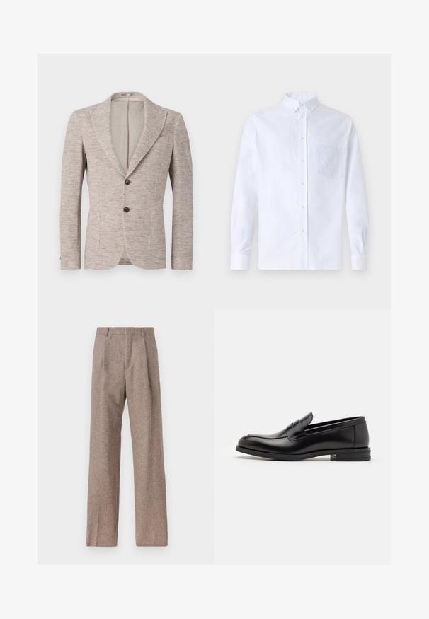 Jasnobrązowa marynarka dopasowana o teksturowanym, plecionym wyglądzie. Dwa guziki, klapy z wcięciem oraz boczne kieszenie. Minimalistyczny design.; Biała koszula z długim rękawem na guziki, wykonana z bawełny, z kieszonką na piersi z tonowym haftem, kołnierzykiem i zapięciem na guziki przy mankietach.; Brązowe, wysokiej talii spodnie wykonane z teksturowanej tkaniny. Posiadają szerokie nogawki i dwa przednie zakładki dla lepszej struktury. Starannie wykończone, bez widocznych elementów metalowych.; Czarne skórzane mokasyny o gładkiej fakturze, zaokrąglonym nosku i dekoracyjnym pasku na przodzie. Niski, warstwowy obcas, minimalistyczny design.