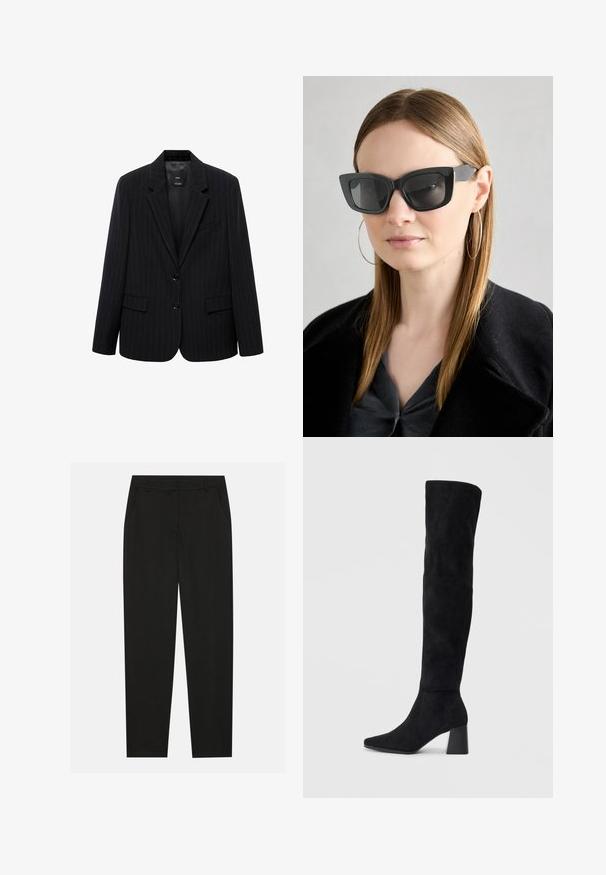 Mustat raidalliset bleiserit, joissa on lovetut kaulukset, etupainikkeet ja kaksi etutaskua. Valmistettu sileästä kankaasta, joka on muotoiltu hyvin.; Musta pitkähihainen paita, jossa on kyynärpäissä ja edessä rypytetty kangasdetalji. Valmistettu pehmeästä, joustavasta materiaalista ja avokorcista kaula-aukosta.; Musta housut, joissa on räätälöity muotoilu, sivutaskut ja suora lahje. Valmistettu sileästä, kevyestä kankaasta, jossa on tyylikkäät pinnat.; Musta samettinen polvipitkä saapas, jossa on lohkarekorko, terävä nilkka ja sileä, saumatonta muotoilua tasaisella vaalealla taustalla.; Mustan kissakuvioisen aurinkolasit tummilla linsseillä, paksuilla kehyksillä ja hillityillä yksityiskohdilla. Yhdistetty mustaan takkiin ja harmaaseen paitoihin, joissa on pitkät suorat hiukset.