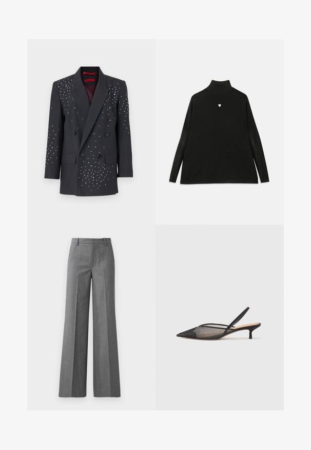 MAX&Co. VISCHIO - Blazer - mittelgrau melange; Sort turtleneck sweater med lange ærmer, prydet med et lille hvidt hjerteemblem på brystet. Blødt stof og afslappet pasform.; Grå bukser med vidde i et tekstureret stof. Har frontfolder, en tætsiddende talje og en poleret finish, ideel til formelle anledninger.; NEOUS IRENA - Pumps - black