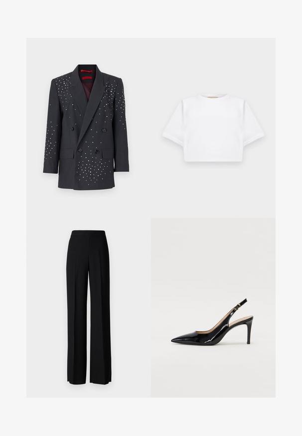 MAX&Co. VISCHIO - Blazer - mittelgrau melange; Gemiddelde witte T-shirt gemaakt van zachte stof, met korte mouwen, een ronde halslijn en geribbelde zoomdetails. Eenvoudig en ongecompliceerd ontwerp.; Zwarte wijde broek met een gladde textuur, voorzien van een hoge tailleband en middelste plooien. Geen zichtbare patronen of hardware-details.; Zwarte gepatineerde leren slingback pump met een puntige neus, slanke hak en een subtiel uitgesneden ontwerp. Bevat een gouden gesp op de band.