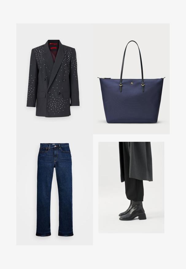 MAX&Co. VISCHIO szary; Czarny, długi rękaw top wykonany z przezroczystej, elastycznej tkaniny. Charakteryzuje się marszczeniami po bokach oraz okrągłym dekoltem.; Ciemnoniebieskie dżinsy typu straight leg, z pięcioma kieszeniami, miedzianymi szwami i klasycznym zapięciem na guzik.; Czarne skórzane botki do kostek z kwadratowym noskiem i masywnym obcasem, noszone z luźnymi czarnymi spodniami i ciemnoszarym płaszczem. Gładka powierzchnia.; Granatowa torba na ramię z teksturowanej tkaniny, z czarnymi skórzanymi uchwytami i złotymi elementami wykończenia. Zamek błyskawiczny na górze.