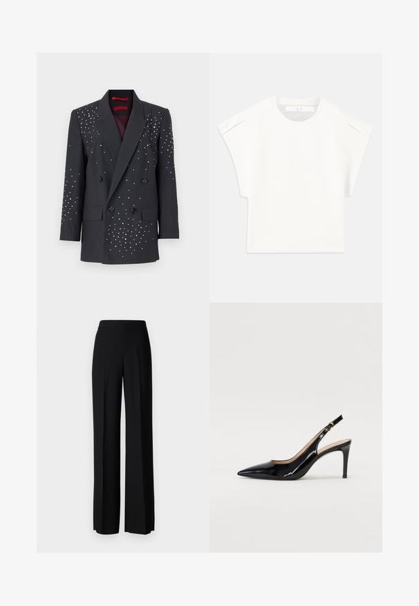 MAX&Co. VISCHIO - Blazer - mittelgrau melange; Weißes, kastig geschnittenes T-Shirt mit kurzen Ärmeln. Hergestellt aus glattem Stoff, mit Rundhalsausschnitt und dezenten Schulterakzenten. Einfaches Design.; Schwarze weite Hosen mit einer glatten Textur, ausgestattet mit einem hohen Bund und mittleren Falten. Keine sichtbaren Muster oder Hardware-Details.; Schwarz lackierte Slingback-Pumps mit spitzem Zehenbereich, schlankem Absatz und einem subtilen Ausschnittdesign. Verfügt über eine goldene Schnalle am Riemen.