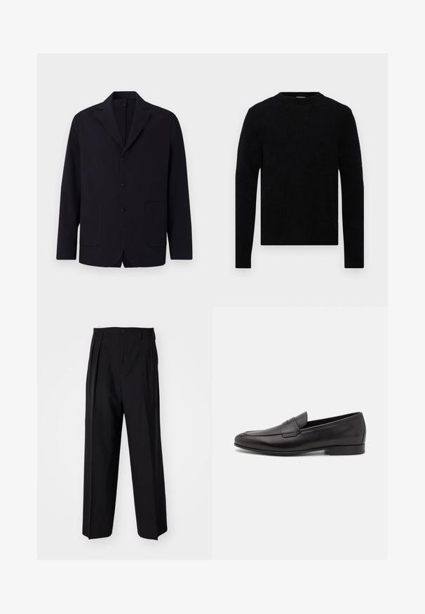 Navy blazer in textured fabric, single-breasted with three buttons, notch lapels, two front pockets, and a relaxed fit.; Filippa K SWEATER - Jumper - black; Black pleated trousers with a straight, wide-leg design. Made from smooth fabric, featuring a button closure and belt loops.; Black leather men's loafer with a low heel and a classic penny strap design, shown in side profile on a white background.