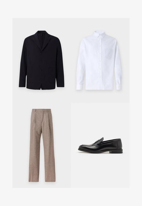 Blazer navy en tissu texturé, à un bouton avec trois boutons, revers à cran, deux poches frontales et coupe décontractée.; Chemise blanche à manches longues avec boutons en coton, présentant une poche poitrine avec broderie ton sur ton, un col et des poignets boutonnés.; Pantalons marron taille haute en tissu texturé. Présente des jambes larges et deux plis avant pour la structure. Finition soignée sans matériel visible.; Mocassins en cuir noir avec une texture lisse, bout rond et une sangle décorative sur le dessus. Talon bas empilé, design minimaliste.