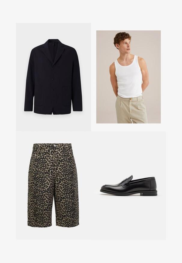 Granatowa marynarka w fakturowanym materiale, zapinana na trzy guziki, z klapami z wycięciem, dwiema przednimi kieszeniami oraz luźnym krojem.; Biały bawełniany top na ramiączkach z okrągłym dekoltem i szerokimi ramiączkami, połączony z jasnobeżowymi spodniami z guzikiem i plisami.; Denimowe szorty w print w panterkę w ziemistych kolorach, z zapięciem na guzik, pięcioma kieszeniami i luźnym krojem.; Czarne skórzane mokasyny o gładkiej fakturze, zaokrąglonym nosku i dekoracyjnym pasku na przodzie. Niski, warstwowy obcas, minimalistyczny design.