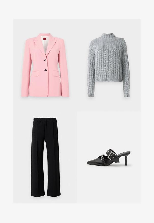 Jasnoróżowa marynarka o dopasowanym kroju, jednorzędowym designie, dwóch przednich kieszeniach i czarnych guzikach. Gładka struktura materiału.; Jasnoszary, gruby sweter z dzianiny o ribbowym wzorze, z niewielkim kołnierzykiem, długimi rękawami i lekko skróconym krojem.; Czarne spodnie proste z elastycznym pasem i delikatnym wzorem tekstury na całej powierzchni materiału na białym tle.; Czarne mule na wysokim obcasie z ostrym noskiem, wykonane z gładkiej skóry. Posiadają szeroki pasek na kostkę z kwadratową srebrną klamrą i ćwiekami.