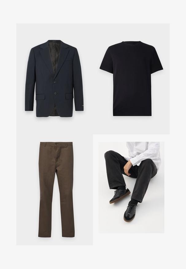 Blazer azul marinho, fecho de dois botões, lapelas em bico, dois bolsos frontais, tecido texturizado e um forro interno preto liso.; T-shirt preto de manga curta feito de algodão suave, com decote redondo e um corte clássico, sem padrões ou hardware visível.; Calças de algodão castanhas com um design de perna reta, apresentando um fecho com botão e passantes para cinto, textura suave sem padrões ou detalhes.; Sneakers pretos com parte superior lisa e texturada, apresentando uma sola de borracha e atacadores escuros. Combinados com jeans pretos e uma camisa branca às riscas.