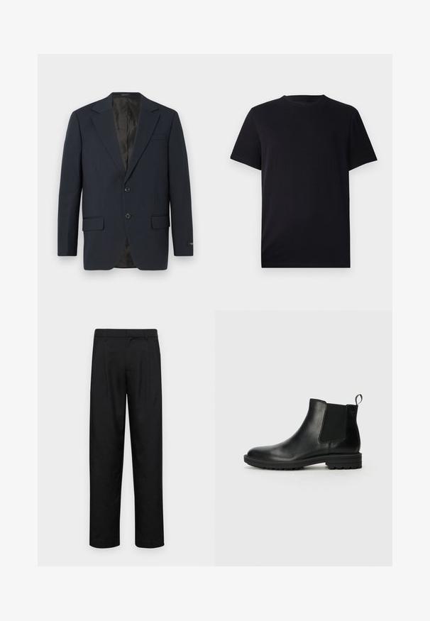 Tengerészkék blézer, kétgombos záródás, kifinomult hajtókák, két elülső zseb, struktúrált textúra és sima fekete belső bélés.; Fekete, rövid ujjú póló sima pamutból, kerek nyakkivágással és klasszikus szabással, minták vagy látható fémrészek nélkül.; Fekete nadrág sima anyagból, egyenes szárú fazonnal, két elülső redővel és közönséges derékkal, övhurkokkal.; Jack & Jones JFWHOSKINS - Klasszikus bokacsizmák - anthracite
