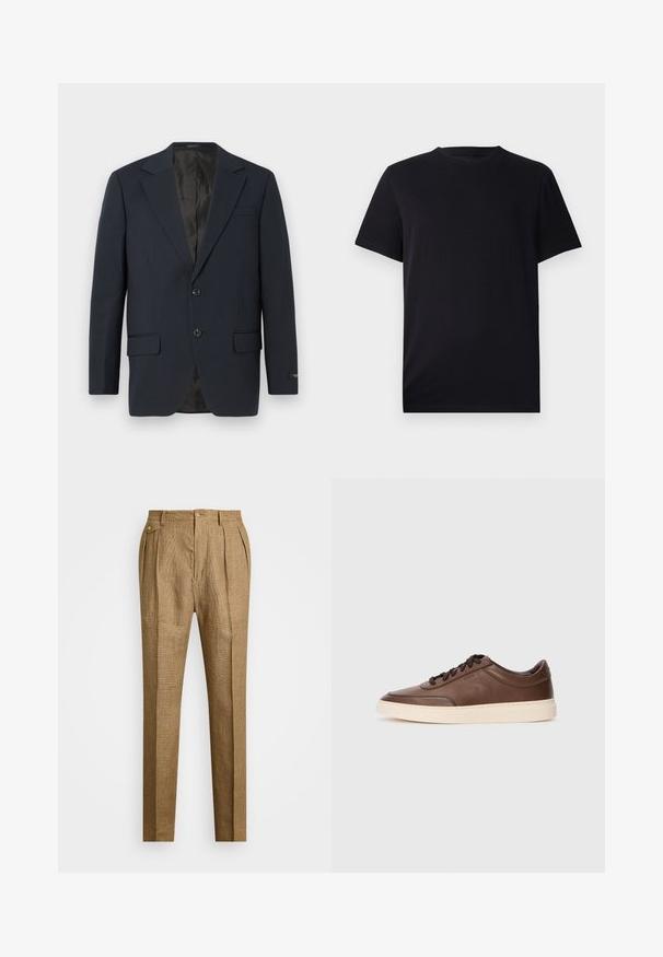 Mornarsko moder sakou, z dvojnim gumbom, s notčnimi reverji, dvema sprednjima žepoma, teksturirano blago in gladkim črnim notranjim podložkom.; Črna kratka majica s kratkimi rokavi, izdelana iz gladkega bombaža, z okroglim izrezom in klasičnim krojem, brez vzorcev ali vidnih kovinskih delov.; Rjave karirane hlače z oblikovanim krojem, z nabranim sprednjim delom, dvema stranskima žepoma in gumbom za zapiranje. Gladka tekstura z prilagojenim dizajnom.; Rjave usnjene superge z gladkim zaključkom, okroglo konico in kremasto gumijasto podplatom. Imajo črne vezalke in subtilno blagovno znamko na strani.