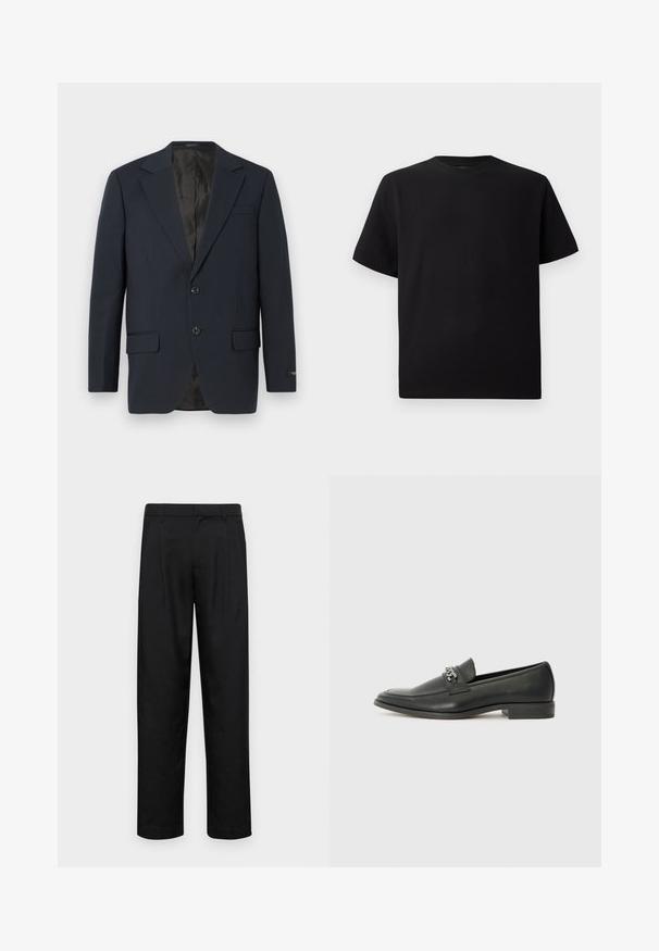 Navyblauer Blazer, zwei Knopf-Verschluss, Reverskragen, zwei Vorderaschen, strukturiertem Stoff und einem glatten schwarzen Innenfutter.; Schwarzes Kurzarm-T-Shirt aus strukturiertem Stoff, mit einem Rundhalsausschnitt und einer lockeren Passform. Einfach, ohne Muster oder Akzente.; Schwarze Hose aus glattem Stoff, mit geradem Bein Design, zwei vorderen Falten und einem Standardbund mit Gürtelschlaufen.; Schwarzer Lederloafer mit glatter Oberfläche, ausgestattet mit einer gesteppten Gestaltung und einem dekorativen Metallkettendetail über dem Vorderblatt. Flacher Absatz.