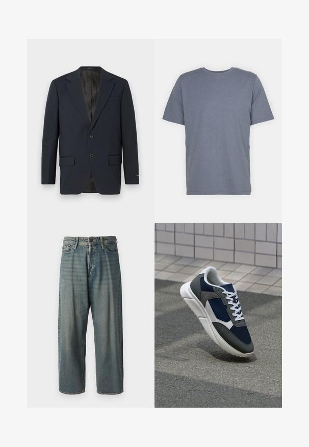 Jūras zila žakete, divu pogu aizdare, iegriezti laapi, divas priekšējās kabatas, teksturēta auduma un gluda melna iekšējā odere.; Pelēks īsām piedurknēm T-krekls ar apaļu kakla izgriezumu, izgatavots no mīkstas kokvilnas maisījuma auduma. Vienkāršs dizains, bez rakstiem vai akcentiem.; Gaiši zili džinsi ar brīvu piegriezumu, vidējo jostas augstumu un taisnām kājām. Satur piecas kabatas, jostas cilpas un pogu aizdari.; Sporta apavi ar tumši zilas krāsas tīkla augšdaļu, pelēku zamšādas akcentiem, baltu gumijas zoli un plakaniem baltiem šņorēm, kas izstrādāti komfortam un elpojamībai.