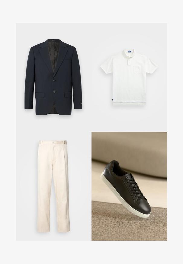 Blazer blu navy, chiusura a due bottoni, revers a notched, due tasche frontali, tessuto strutturato e foderato interno nero liscio.; Polo bianco in cotone, con colletto classico, placca con tre bottoni e taschino sul lato sinistro del petto; piccolo logo sull'orlo.; Pantaloni in cotone beige con taglio dritto, dotati di chiusura a bottone e pence sul davanti per un tocco di dettaglio in più.; Sneaker in pelle nera con suola in gomma bianca e lacci neri, posizionato su una superficie e sfondo in tessuto beige.