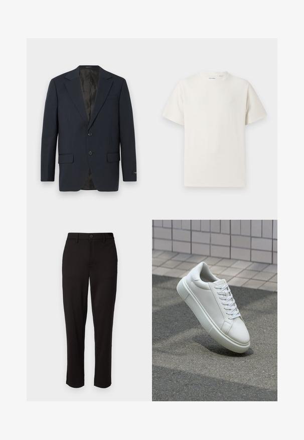 Navyblauer Blazer, zwei Knopf-Verschluss, Reverskragen, zwei Vorderaschen, strukturiertem Stoff und einem glatten schwarzen Innenfutter.; Weißes T-Shirt mit kurzen Ärmeln in gerippter Textur. Runder Ausschnitt, lockere Passform, keine sichtbaren Muster oder Akzente. Einfaches und vielseitiges Design.; Schwarze Hose aus leichtem Stoff, im geraden Schnitt, mit vorderem Knopfverschluss, Gürtelschlaufen und Seitentaschen.; Weiße Leder-Sneaker mit glatter Oberfläche, runder Zehenpartie und flachen weißen Schnürsenkeln. Verfügt über eine strukturierte Gummisohle und minimalistische Designelemente.