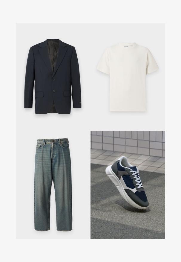 Tengerészkék blézer, kétgombos záródás, kifinomult hajtókák, két elülső zseb, struktúrált textúra és sima fekete belső bélés.; Fehér, rövid ujjú póló bordázott textúrával. Kerek nyakkivágás, laza szabás, nincs látható minta vagy díszítés. Egyszerű és sokoldalú dizájn.; Világoskék farmernadrág, laza fazonnal, közepes derékbőséggel és egyenes szárral. Öt zsebet, övbucskát és gombos záródást tartalmaz.; Cipő, amelynek sötétkék hálós felsőrésze, szürke velúr díszítései, fehér gumitalpa és lapos fehér fűzője van, a kényelem és a légáteresztő képesség érdekében tervezve.