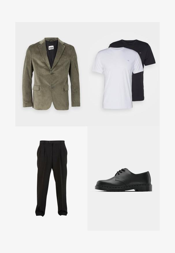 DRYKORN YAMES - Kavaj - green; Två bomullströjor i vitt och svart, kortärmad med rund hals, med en liten logotyp på bröstet, slät textur.; Svarta byxor i en slät tygkvalitet, med framfickor, en knapp i midjan och avsmalnande ankleder. Klassisk skräddarsydd silhuett.; Svart lädersko i oxford-stil med snörningsdesign, rund tå, platt gummisula och subtila sömdetaljer längs ovandelen.