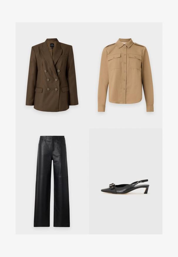Kétgombos barna zakó, csúcsos hajtókákkal, két elülső zsebbel és hat kör alakú gombbal. Simán tapintású anyag és testre szabott fazon.; Hosszú ujjú ing bézs színű szövetből, gombos elülső résszel, két mellzsebbel, vállpántokkal és ívelt alsó résszel.; Széles szárú fekete bőrnadrág sima textúrával, elülső zsebekkel, gombos zárással és finom varrással.; Fekete bőr szandál kis sarkú, hegyes orral, díszes csattal a felsőrészen. Simább textúra, minimalista design.