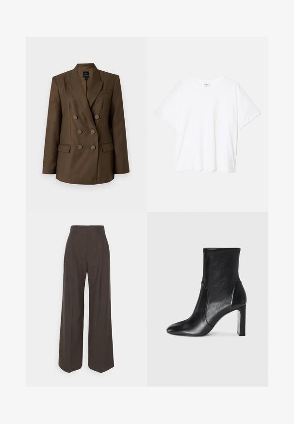 Brun dobbeltbrystet blazer med spidse klapner, to frontlommer og seks runde knapper. Glat stof og skræddersyet pasform.; Hvid bomulds-t-shirt med korte ærmer, rund halsudskæring, afslappet pasform og stitched søm. Mærket er synligt indeni halsen.; Mørkebrune brede bukser med høj talje, der har pænt pressede folder, glat overflade og en skræddersyet pasform.; Sorte læder ankelstøvler med et slankt design, spids tå og høj blokhæl. Har en glat overflade og minimalistic syning.